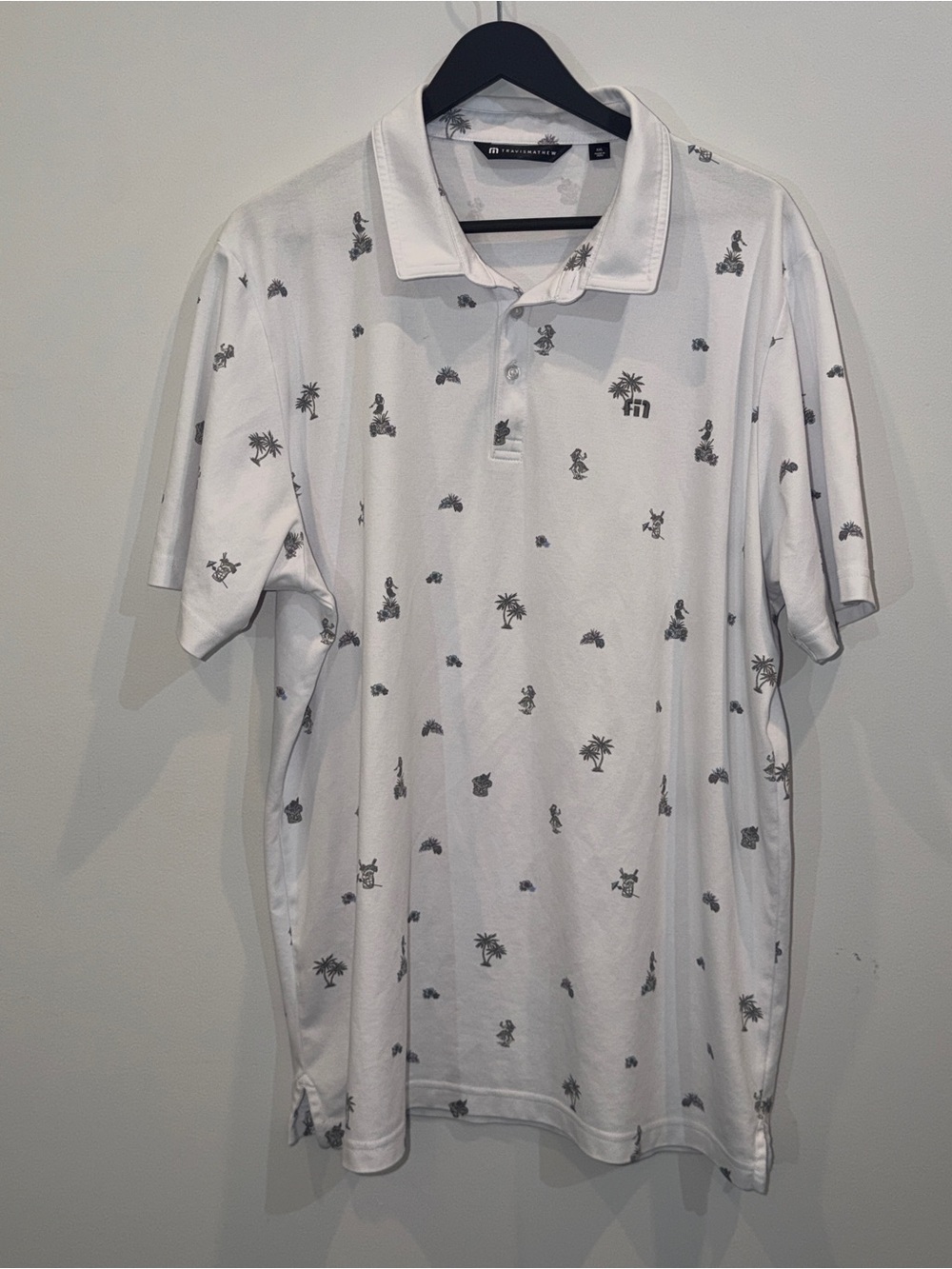 Travis Mathew White Golf Polo with Gray Island Print